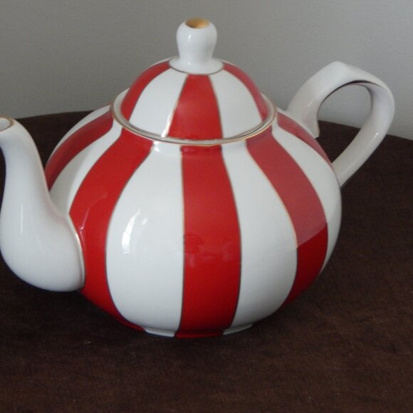 GRACE TEAWARE Fine Porcelain Teapot Holiday Carousel Red White Gold Stripes New - Picture 4 of 9